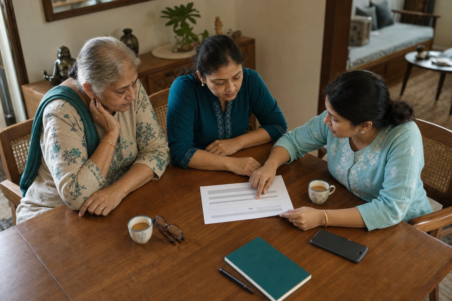 An older woman, her daughter and a care coordinator reviewing a care plan together at home in Bengaluru
