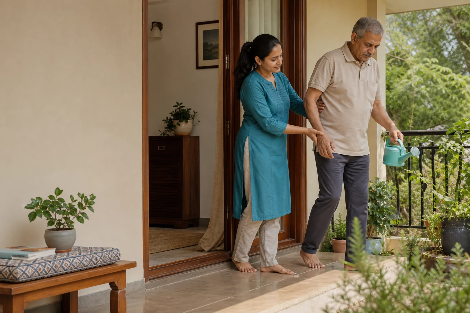 An older man practising a careful step onto his balcony while a physiotherapist supports his balance